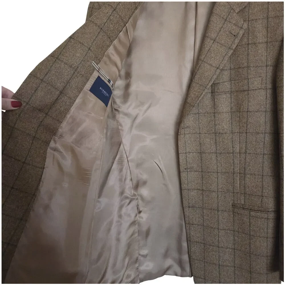 Vintage Burberry 43 Long Kensington 100% Wool Windowpane Plaid Blazer Sportcoat